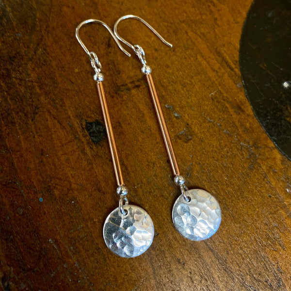 Fine silver and copper drop (long) earrings