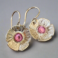 Fine silver and pink enamel flower earrings