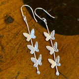 Triple fine silver butterfly drop earrings
