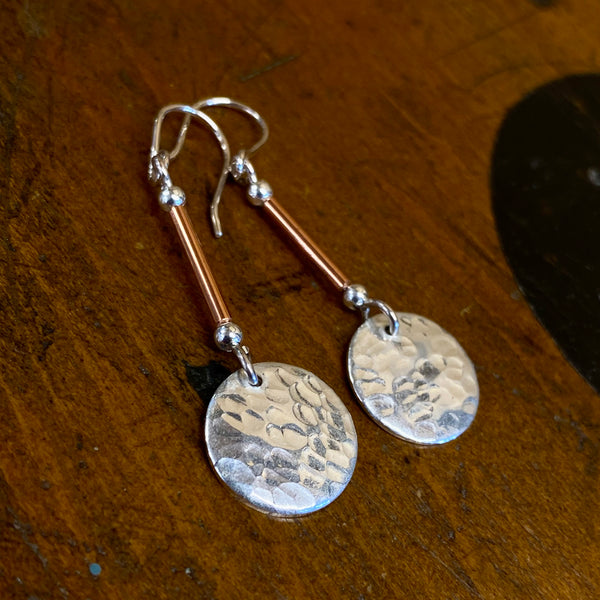 Fine silver and copper drop earrings