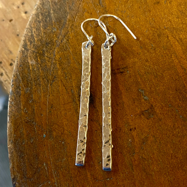 Hammer textured sterling silver bar drop earrings