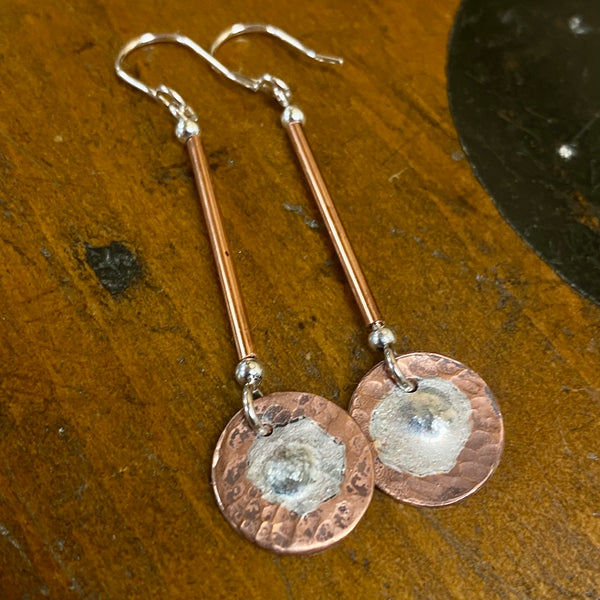 Copper and silver drop earrings