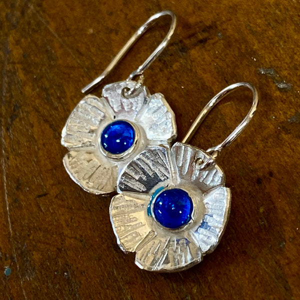 Fine silver and blue enamel flower earrings