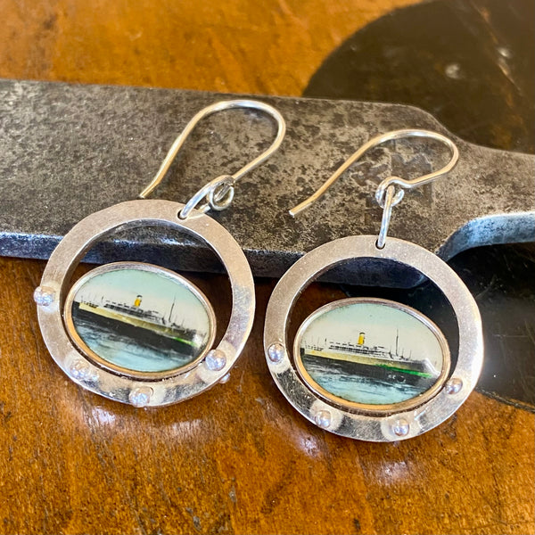 Converted antique ship cuff link earrings