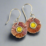 Copper and daisy yellow enamel flower earrings
