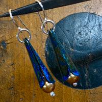 Blue oxidised copper and gold pearl earrings
