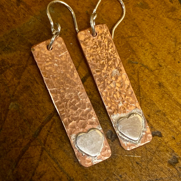 Copper and silver heart drop earrings