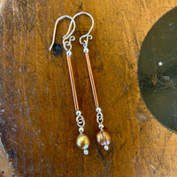 Gold pearls, copper and silver (extra) long drop earrings