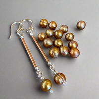 Gold pearls, copper and silver (extra) long drop earrings