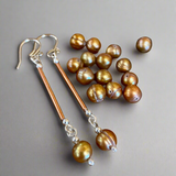 Gold pearls, copper and silver (extra) long drop earrings