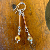 Gold pearls, copper and silver long drop earrings