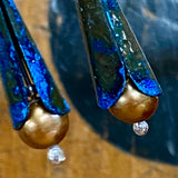 Blue oxidised copper and gold pearl earrings