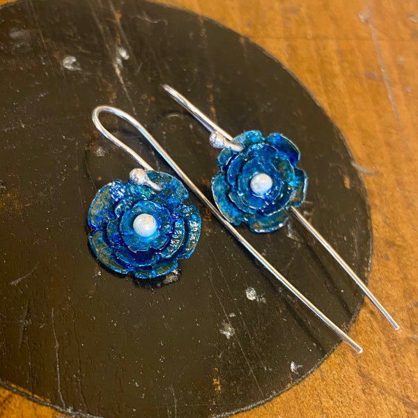 Blue copper flower earrings