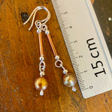 Gold pearls, copper and silver long drop earrings