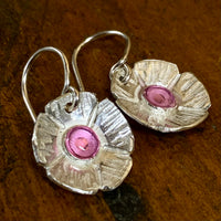 Fine silver and pink enamel flower earrings