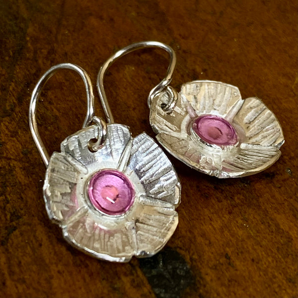 Fine silver and pink enamel flower earrings