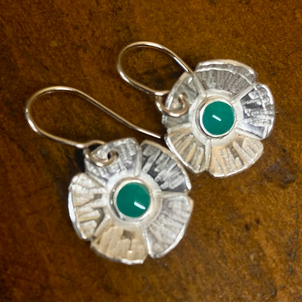 Fine silver and green enamel flower earrings