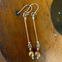 Gold pearls, copper and silver (extra) long drop earrings