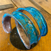 Blue oxidised copper coil wrist bracelet/bangle