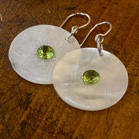 Antique engraved Mother-of-pearl and peridot earrings