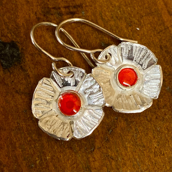Fine silver and red enamel flower earrings