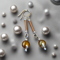 Gold pearls, copper and silver long drop earrings