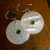 Antique engraved Mother-of-pearl and peridot earrings