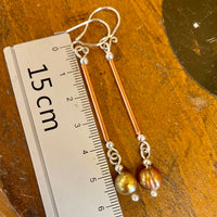 Gold pearls, copper and silver (extra) long drop earrings
