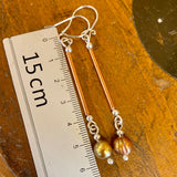 Gold pearls, copper and silver (extra) long drop earrings