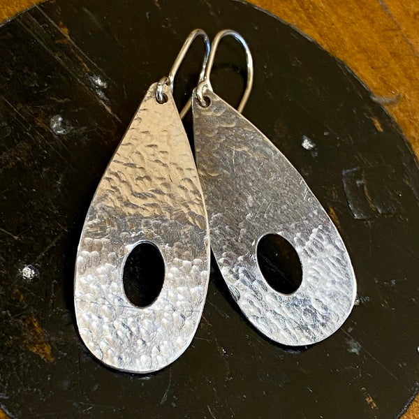 Hammer textured fine silver tear drop earrings