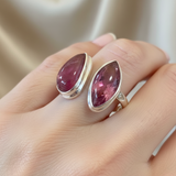 Double red tourmaline and diamond silver ring
