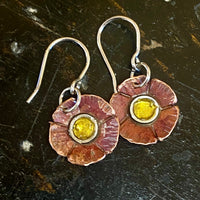 Copper and daisy yellow enamel flower earrings