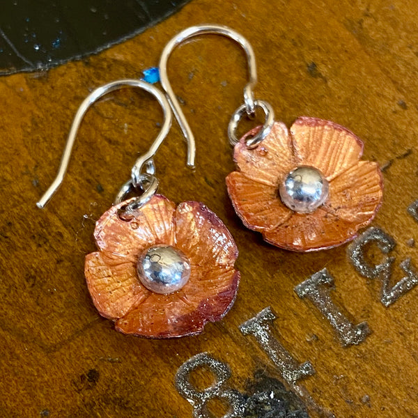 Copper and fine silver flower earrings