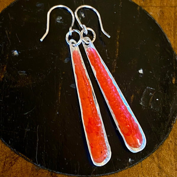Fine silver and red enamel earrings