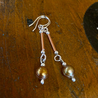 Gold pearls, copper and silver long drop earrings