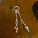 Gold pearls, copper and silver long drop earrings