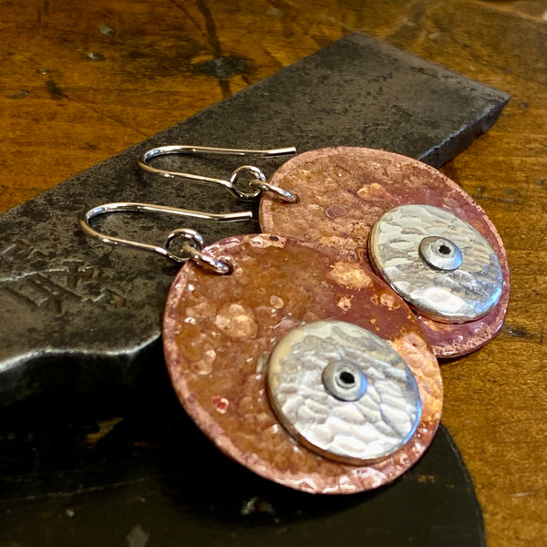 Copper and fine silver disc rivet earrings