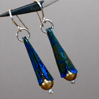 Blue oxidised copper and gold pearl earrings