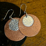 Big textured copper and fine silver disc earrings