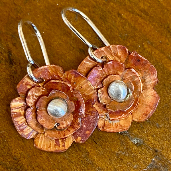 Copper and fine silver flower earrings