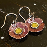 Copper and daisy yellow enamel flower earrings