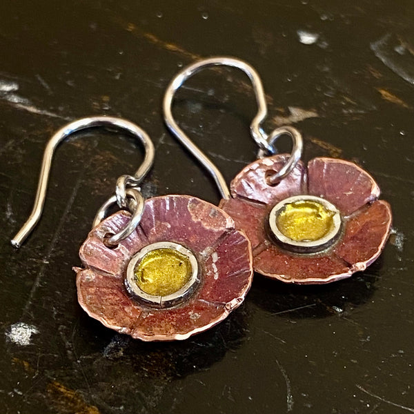 Copper and daisy yellow enamel flower earrings