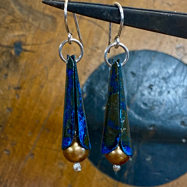 Blue oxidised copper and gold pearl earrings