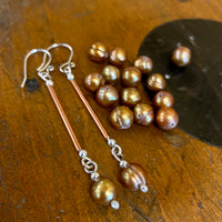 Gold pearls, copper and silver (extra) long drop earrings