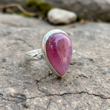 Single large red tourmaline and diamond silver ring