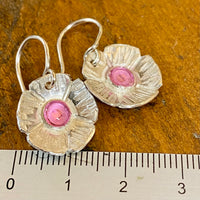 Fine silver and pink enamel flower earrings