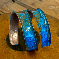 Blue oxidised copper coil wrist bracelet/bangle